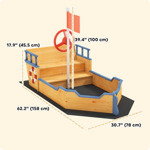 Kids Wooden Sandbox Pirate Ship Sandboat Outdoor Backyard Playset Children Sandpit w/ Bench Seat Storage Space & Flag for 3-6 Years Old