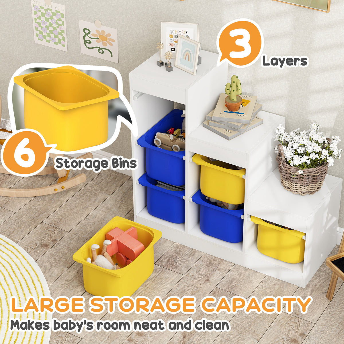 Qaba 3 Layers Toy Storage Organizer Kids Bookshelf Children Toy Storage w/ 6 Plastic Bins