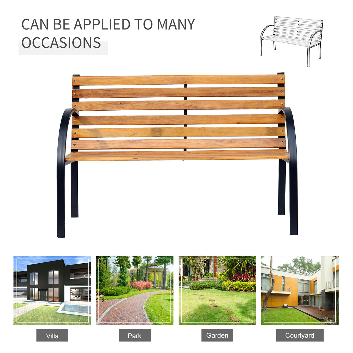 48"L Garden Bench Outdoor Patio 2-Person Wooden Seat Chair Park Loveseat  Yard Furniture w/ Steel Frame