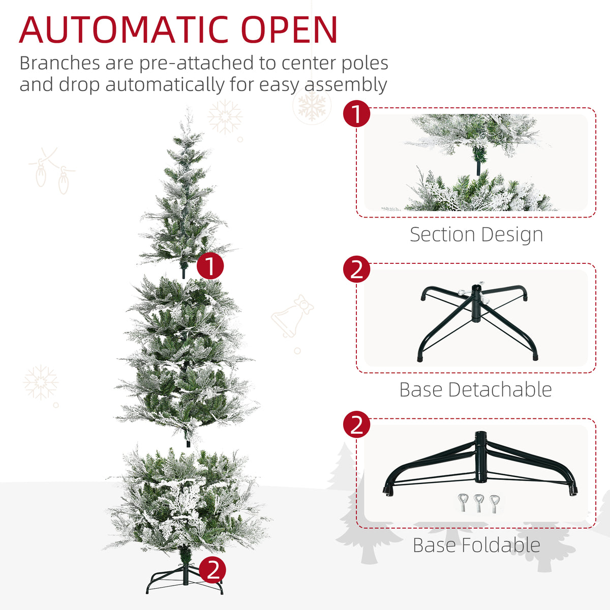6 Feet Pencil Snow Flocked Artificial Christmas Tree with 517 Realistic Cypress Branches, Auto Open, Green – view 12