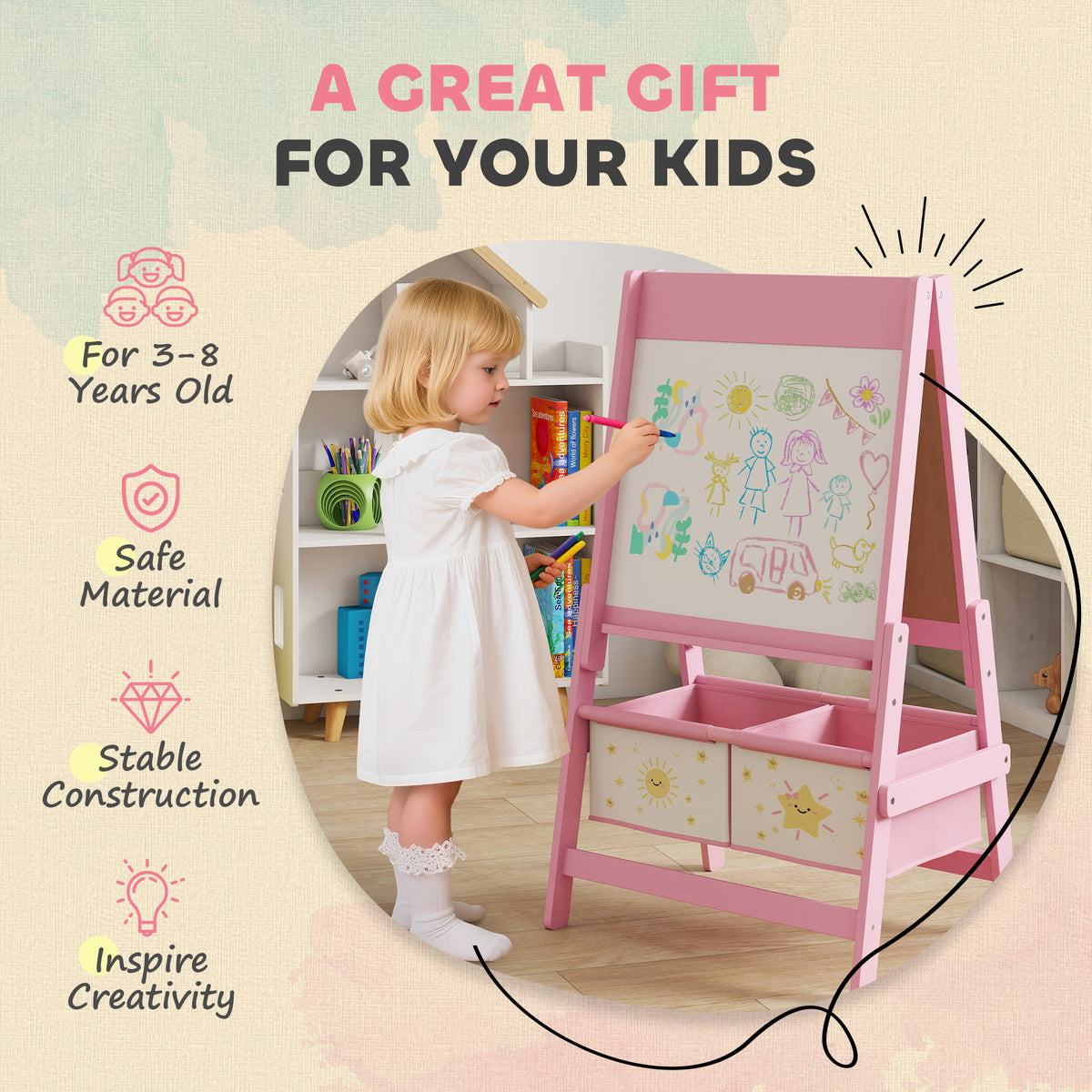 Qaba Art Easel for Kids, Double-Sided Whiteboard & Chalkboard with Paper Roll, 2 Storage Boxes, Gift for Boys, Girls