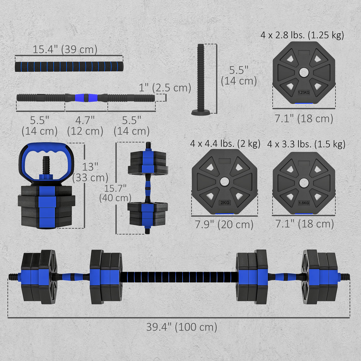 Soozier 6-in-1 Adjustable Dumbbell Set, Used as Kettlebell, Barbell, Dumbbell, Push-Up Stand, 44lbs Free Weights Set