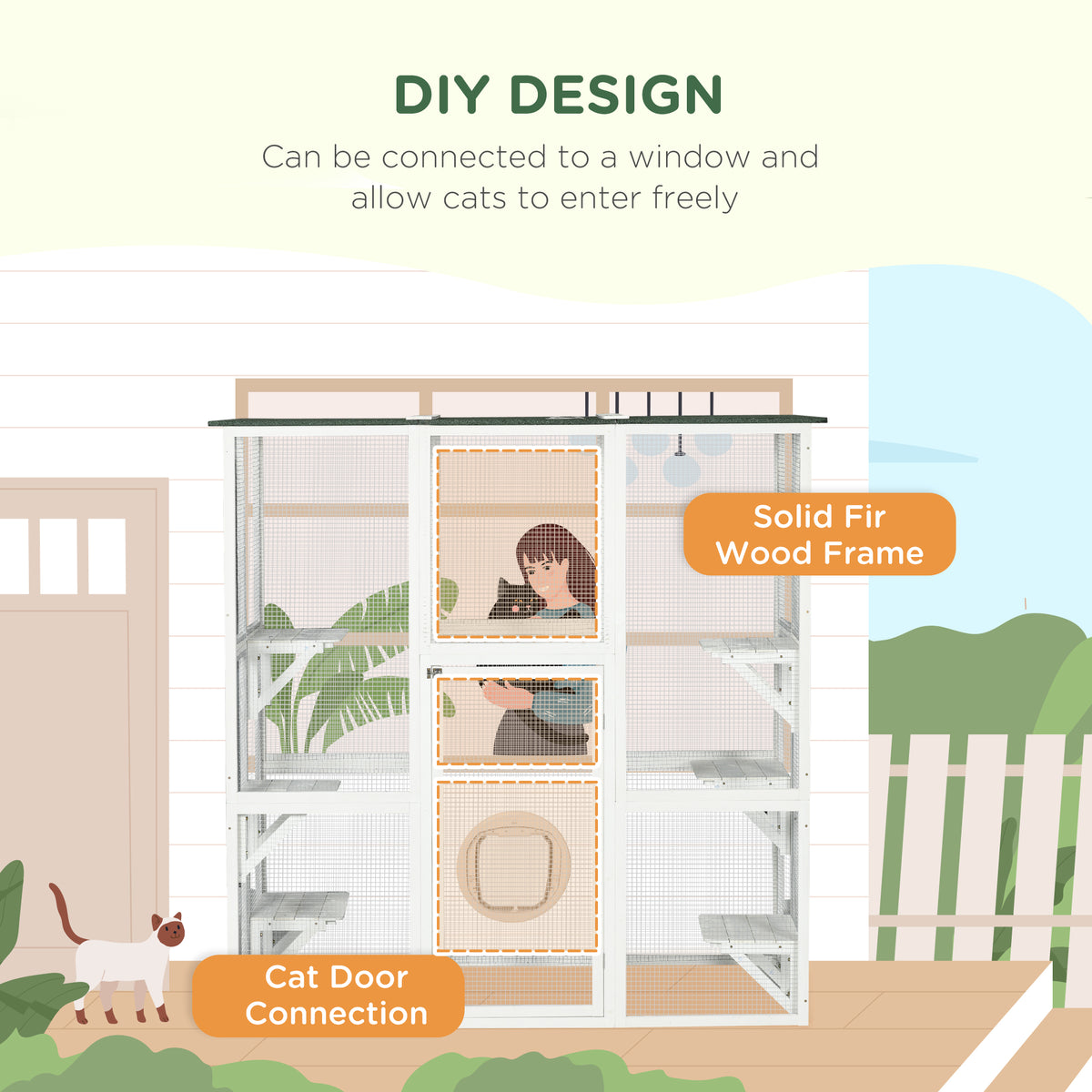 Large Outdoor Catio Enclosure, Weatherproof Cat House with Asphalt Roof,  Wooden Cat Patio Cage with 6 Balanced Platforms, 71" x 39" x 71", Grey