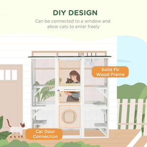 Large Outdoor Catio Enclosure, Weatherproof Cat House with Asphalt Roof,  Wooden Cat Patio Cage with 6 Balanced Platforms, 71" x 39" x 71", Grey