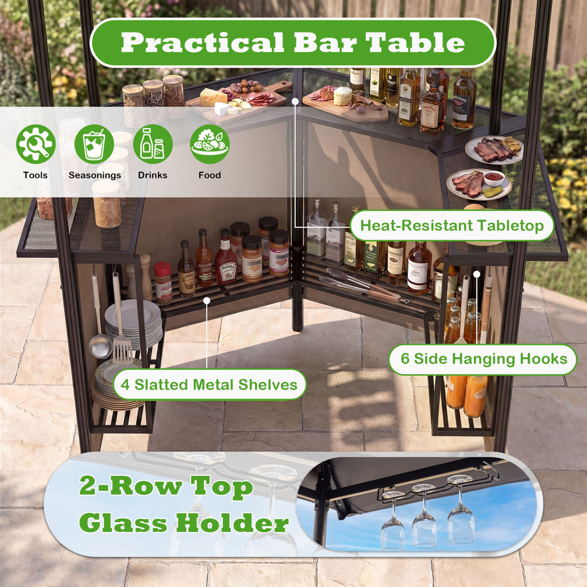 BBQ Gazebo Canopy with 4 Slatted Metal Shelves 6 Hanging Hooks and 2-Row Glass Holders-Brown view 6