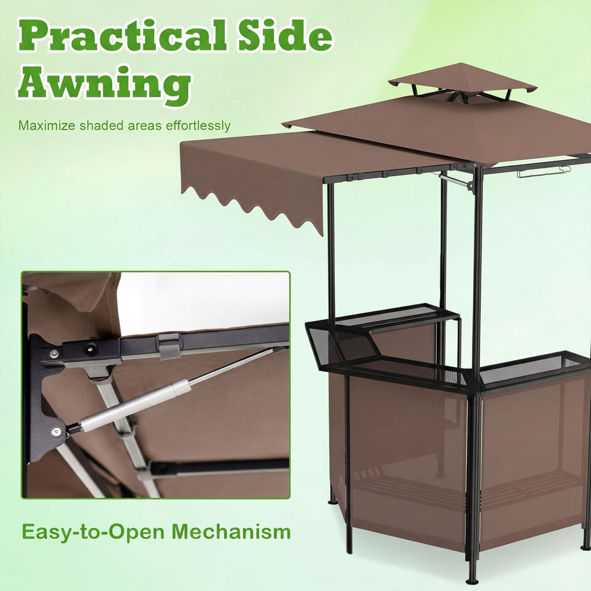 BBQ Gazebo Canopy with 4 Slatted Metal Shelves 6 Hanging Hooks and 2-Row Glass Holders-Brown view 8