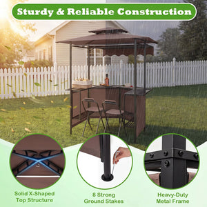 BBQ Gazebo Canopy with 4 Slatted Metal Shelves 6 Hanging Hooks and 2-Row Glass Holders-Brown view 9