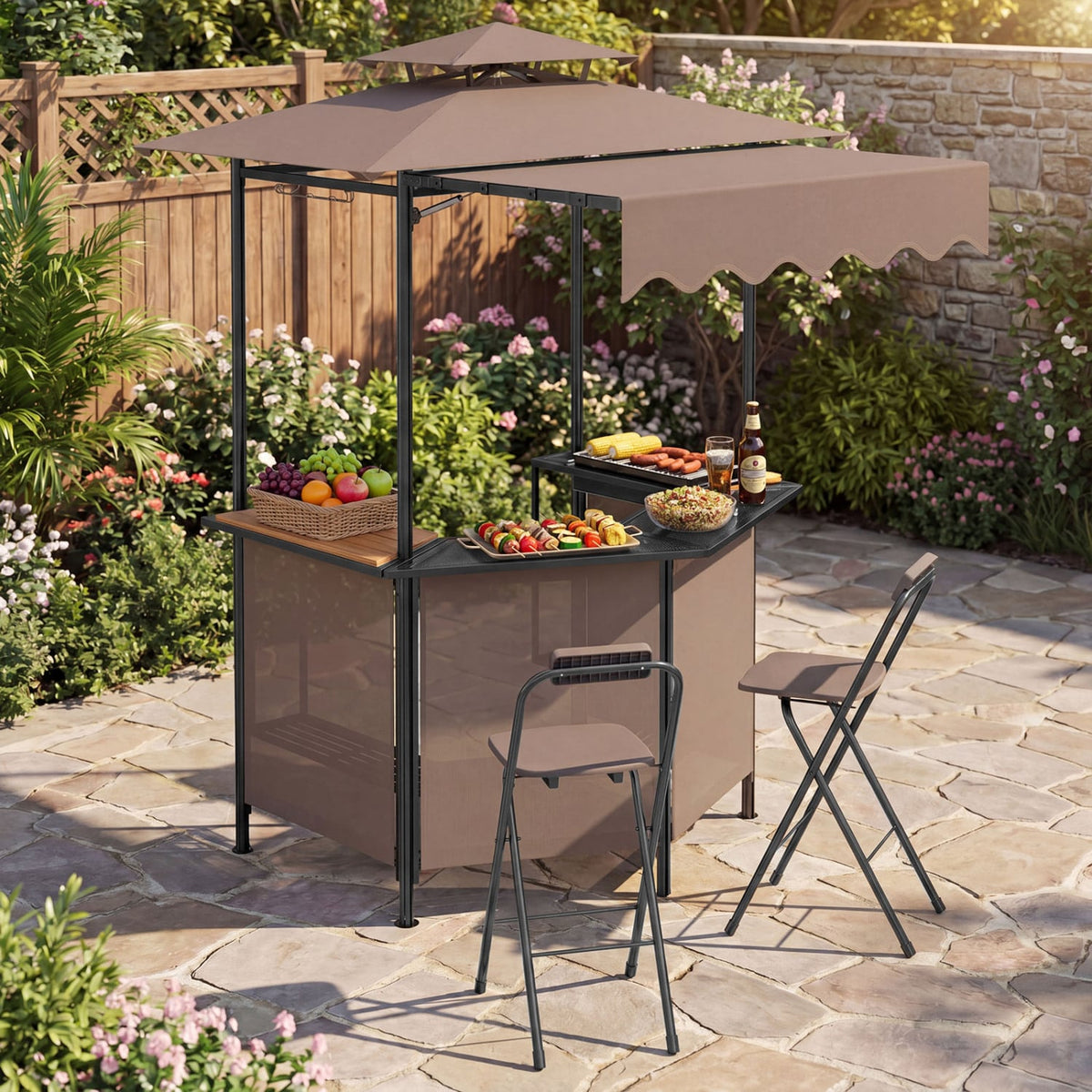 BBQ Gazebo Canopy with 4 Slatted Metal Shelves 6 Hanging Hooks and 2-Row Glass Holders-Brown view 5