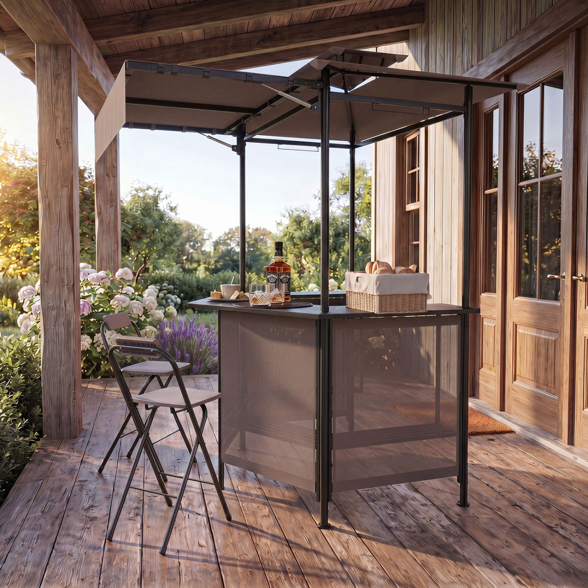 BBQ Gazebo Canopy with 4 Slatted Metal Shelves 6 Hanging Hooks and 2-Row Glass Holders-Brown view 3