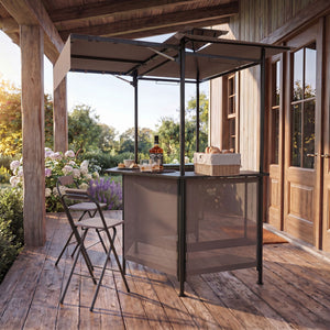 BBQ Gazebo Canopy with 4 Slatted Metal Shelves 6 Hanging Hooks and 2-Row Glass Holders-Brown view 3