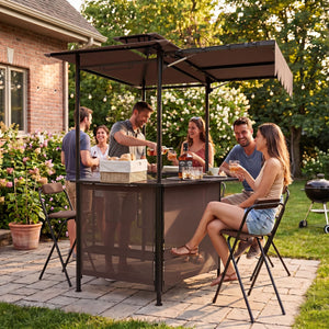 BBQ Gazebo Canopy with 4 Slatted Metal Shelves 6 Hanging Hooks and 2-Row Glass Holders-Brown view 2