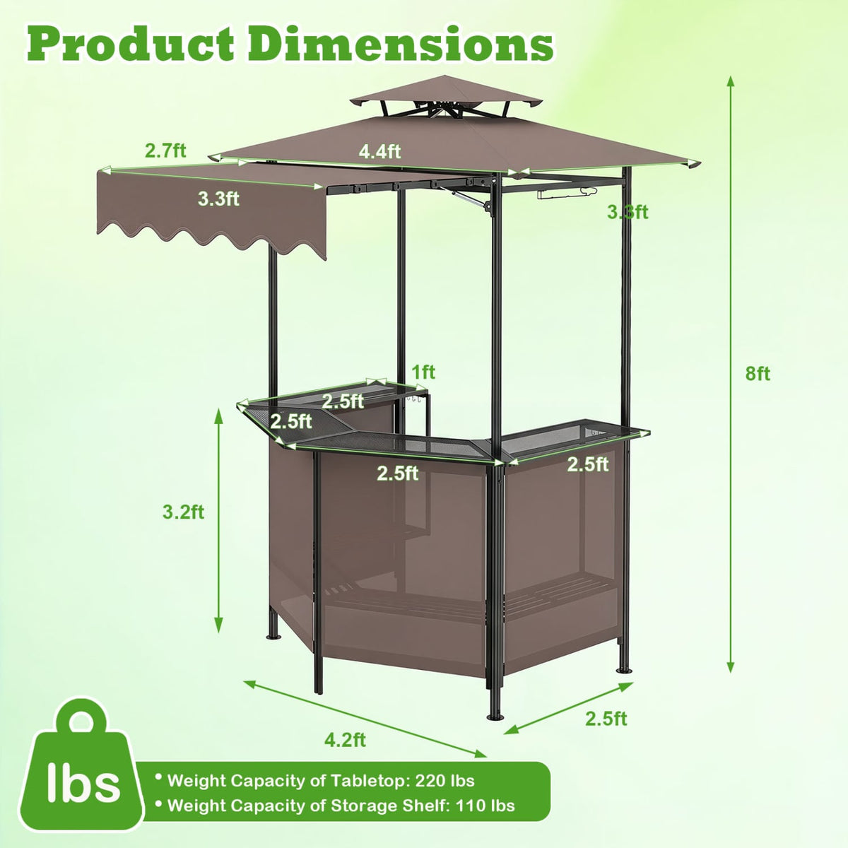 BBQ Gazebo Canopy with 4 Slatted Metal Shelves 6 Hanging Hooks and 2-Row Glass Holders-Brown view 4