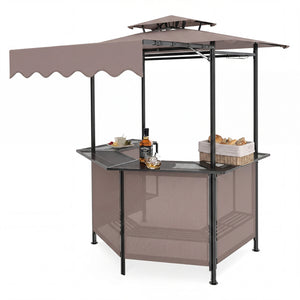BBQ Gazebo Canopy with 4 Slatted Metal Shelves 6 Hanging Hooks and 2-Row Glass Holders-Brown
