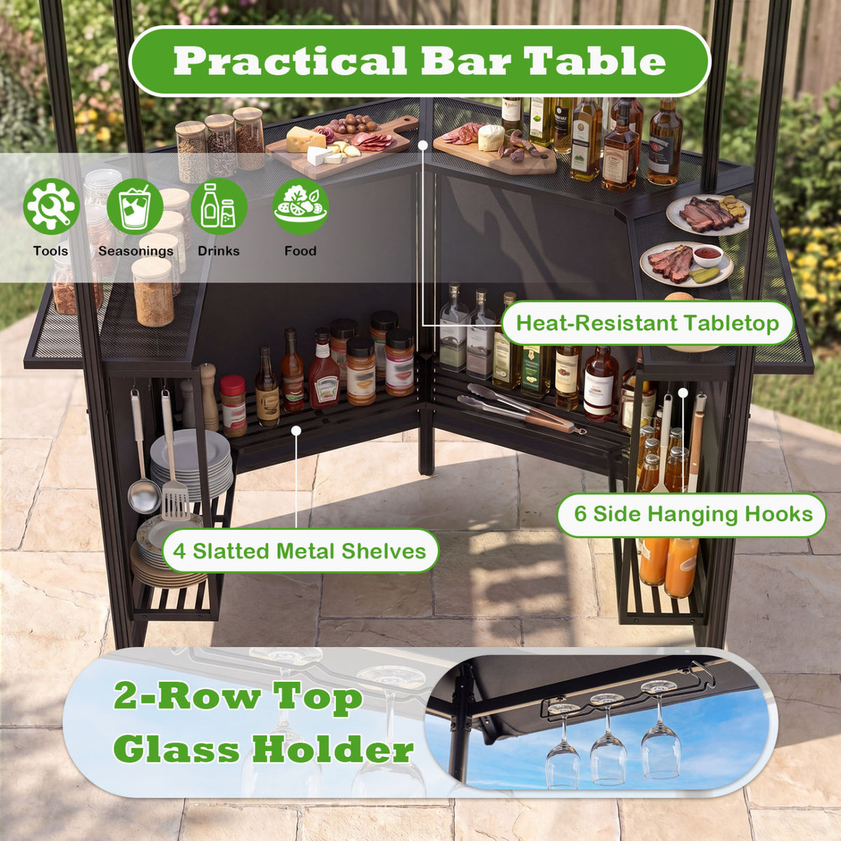 BBQ Gazebo Canopy with 4 Slatted Metal Shelves 6 Hanging Hooks and 2-Row Glass Holders-Black view 6