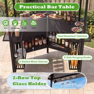 BBQ Gazebo Canopy with 4 Slatted Metal Shelves 6 Hanging Hooks and 2-Row Glass Holders-Black view 6