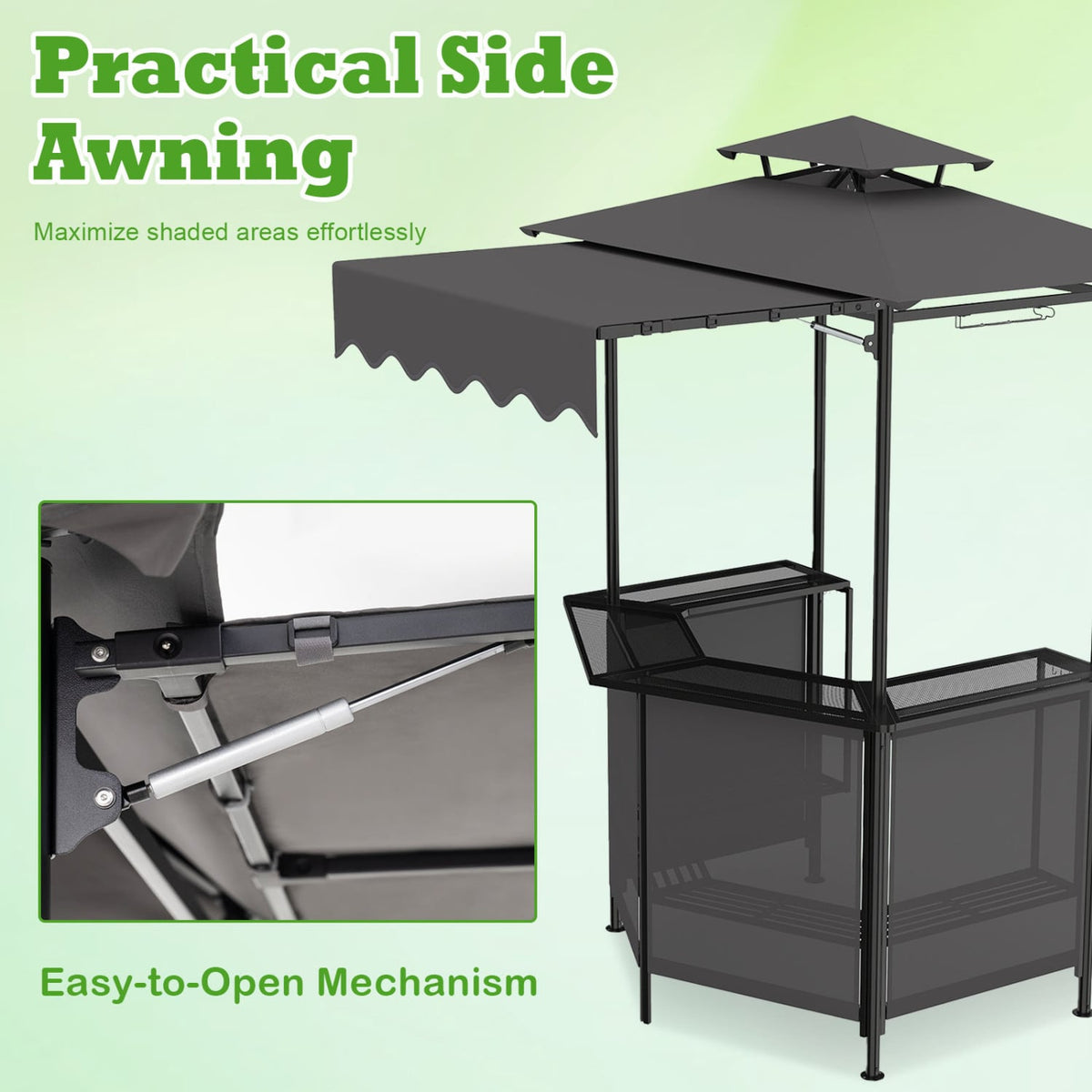BBQ Gazebo Canopy with 4 Slatted Metal Shelves 6 Hanging Hooks and 2-Row Glass Holders-Black view 8