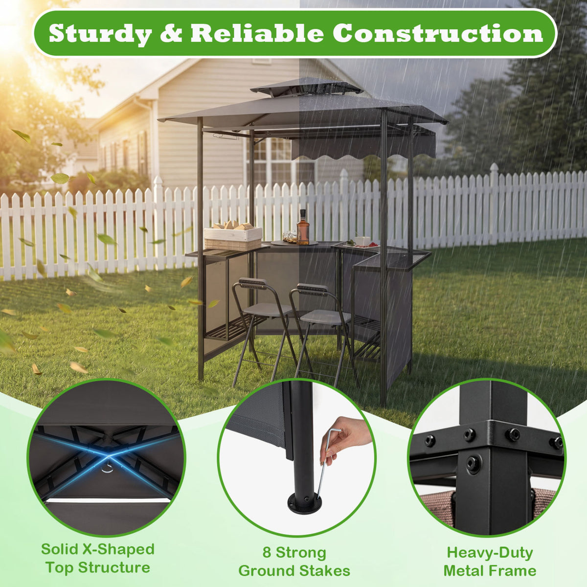 BBQ Gazebo Canopy with 4 Slatted Metal Shelves 6 Hanging Hooks and 2-Row Glass Holders-Black view 9