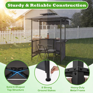 BBQ Gazebo Canopy with 4 Slatted Metal Shelves 6 Hanging Hooks and 2-Row Glass Holders-Black view 9