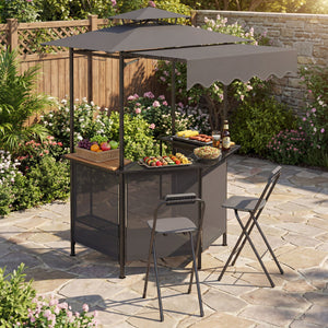 BBQ Gazebo Canopy with 4 Slatted Metal Shelves 6 Hanging Hooks and 2-Row Glass Holders-Black view 5
