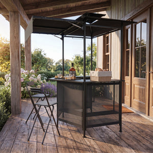 BBQ Gazebo Canopy with 4 Slatted Metal Shelves 6 Hanging Hooks and 2-Row Glass Holders-Black view 3