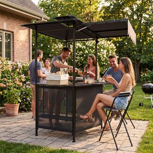 BBQ Gazebo Canopy with 4 Slatted Metal Shelves 6 Hanging Hooks and 2-Row Glass Holders-Black view 2