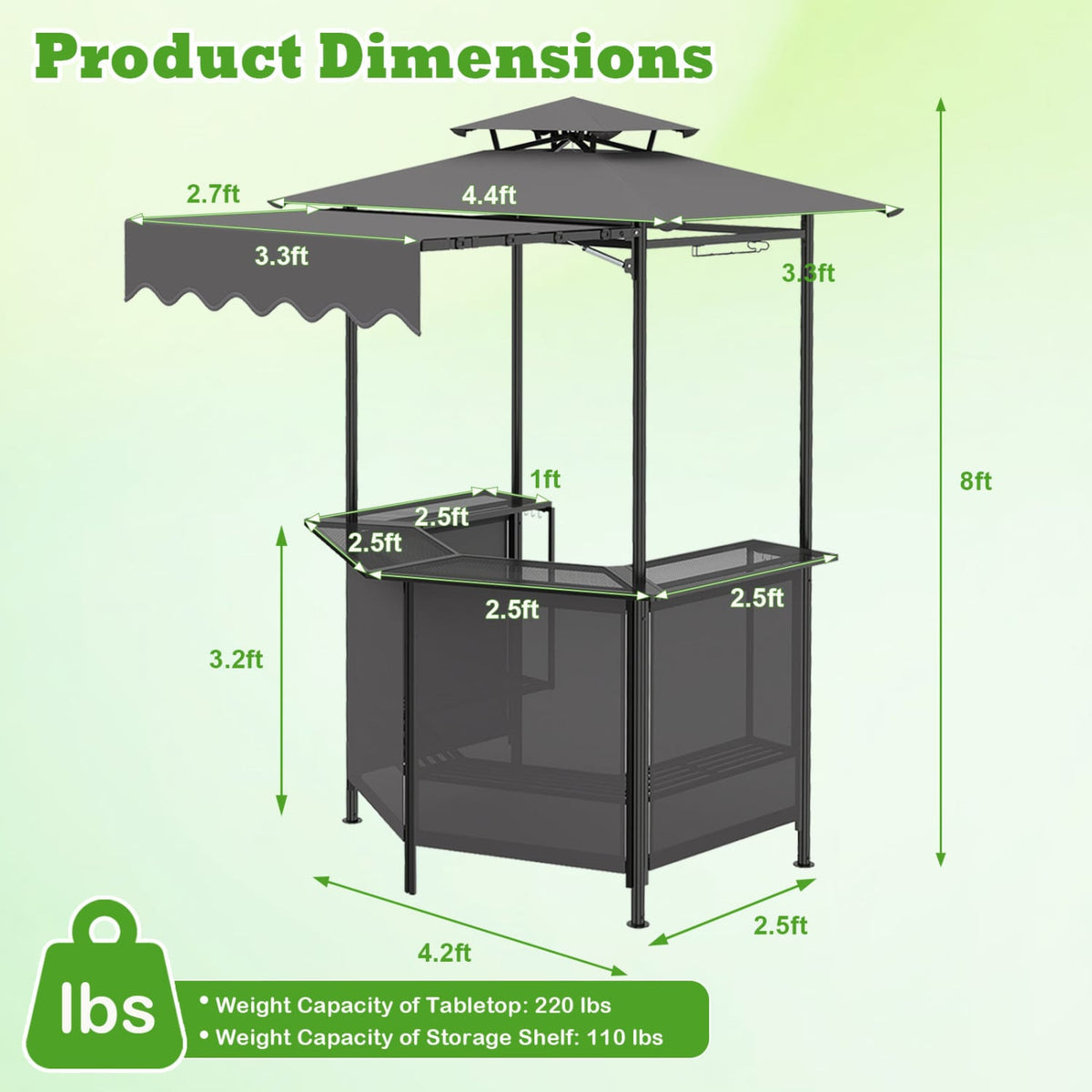 BBQ Gazebo Canopy with 4 Slatted Metal Shelves 6 Hanging Hooks and 2-Row Glass Holders-Black view 4