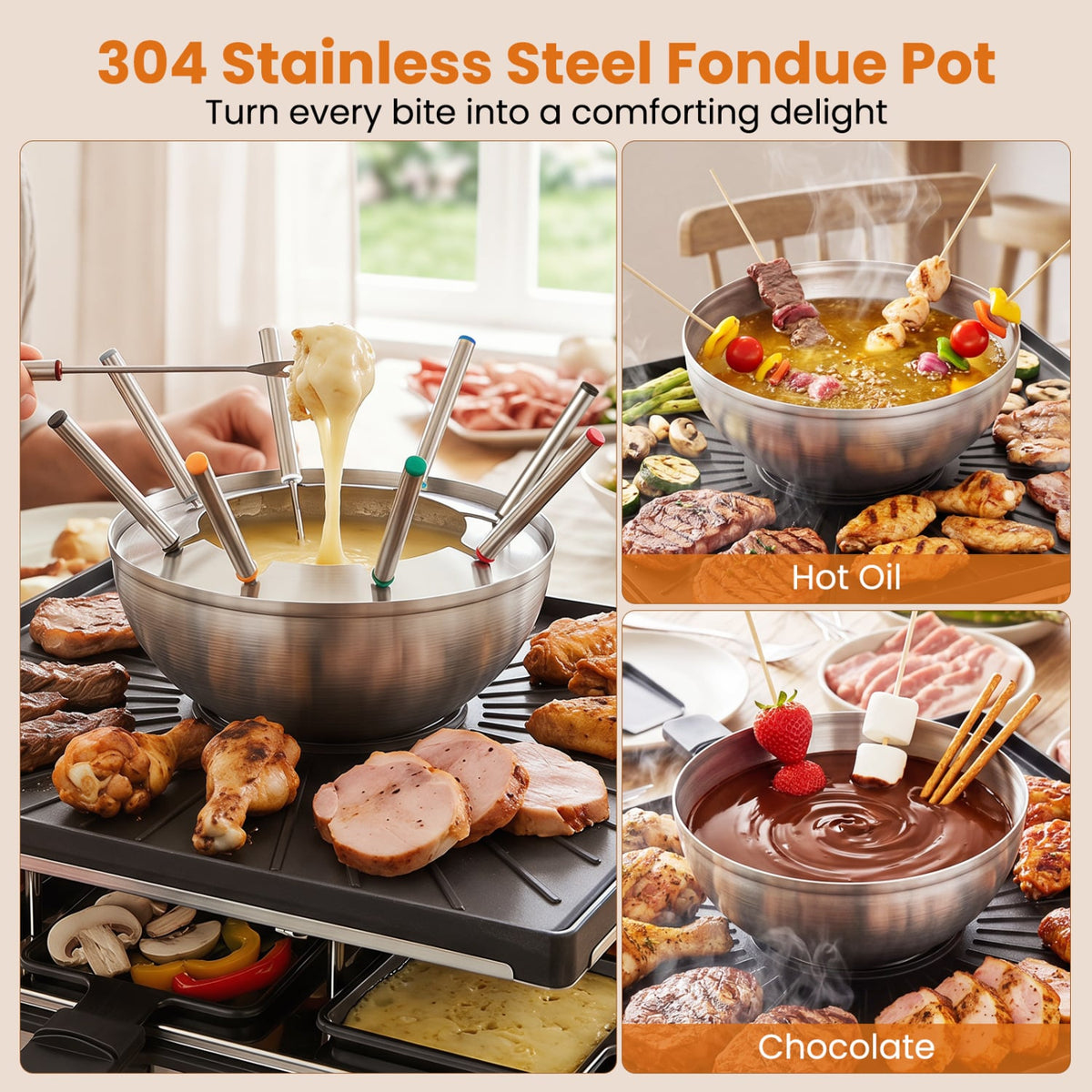 BBQ Grill with Fondue Pot Set and Adjustable Thermostats for 8 People view 5