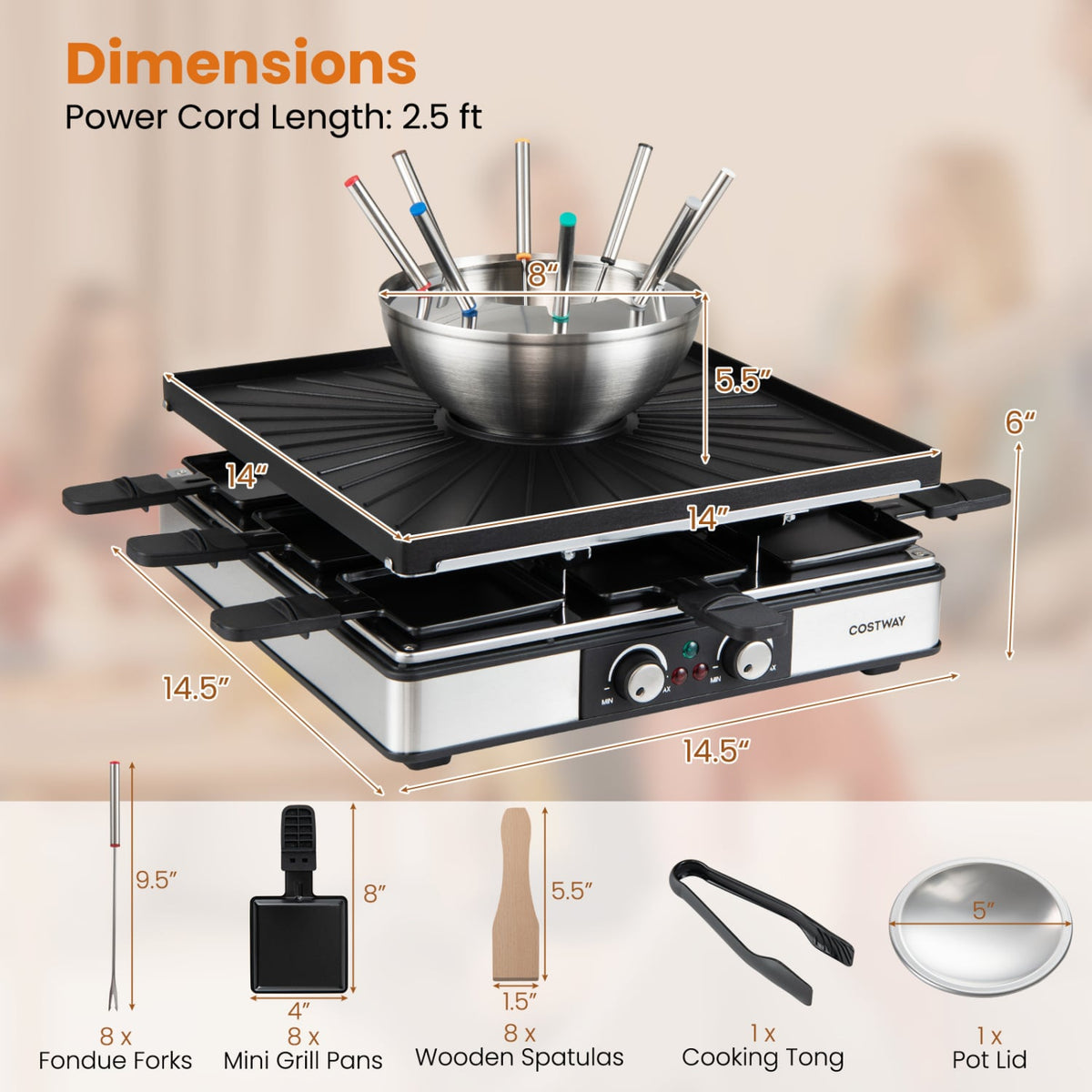 BBQ Grill with Fondue Pot Set and Adjustable Thermostats for 8 People view 4