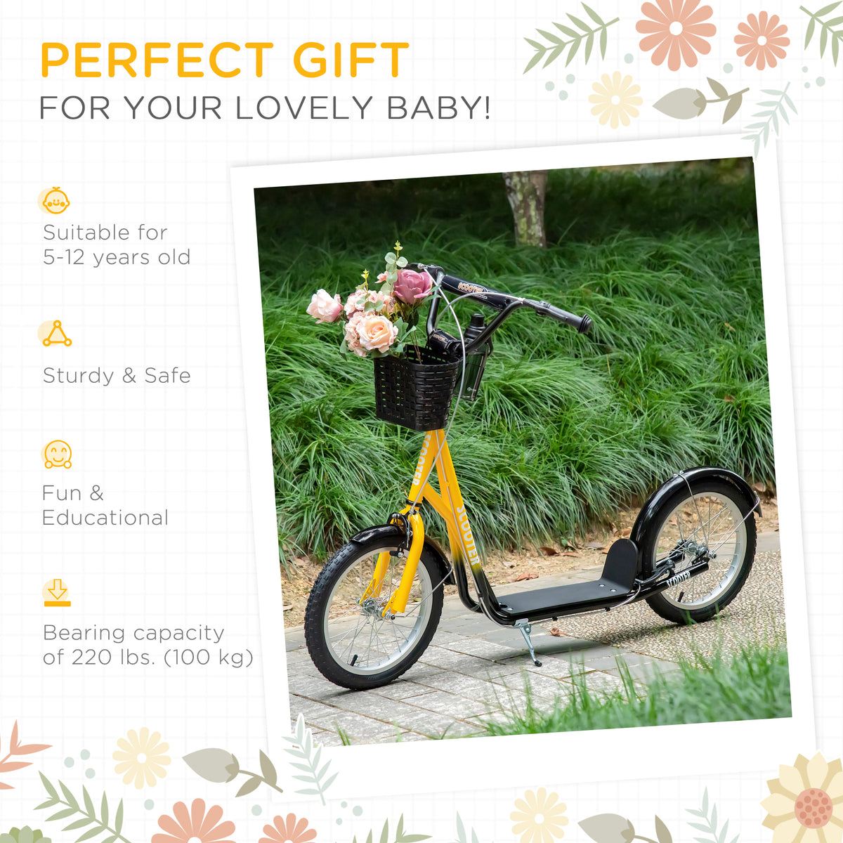 Aosom Kick Scooter with Adjustable Handlebar, Kids Scooter with 2 Brakes Basket Cupholder 16" Inflatable Rubber Tyres