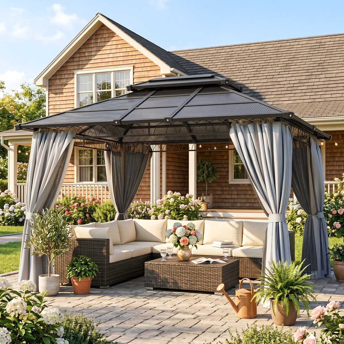 10' x 10' Outdoor Hardtop Gazebo Canopy w/ Double PC Roof, Steel Frame, Nettings – view 42