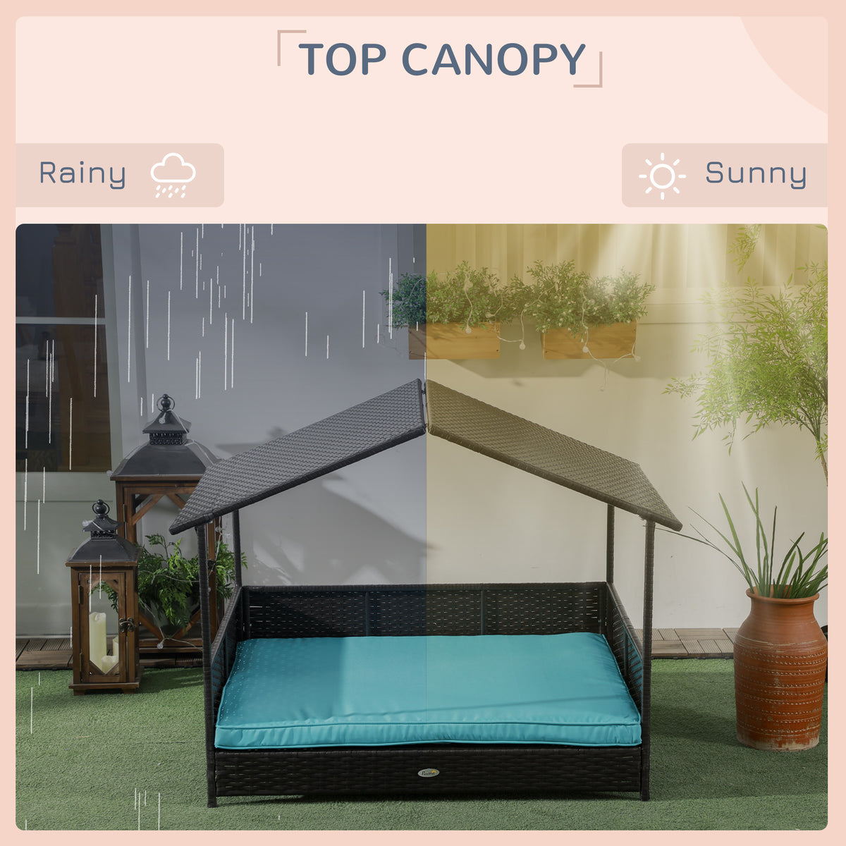 Rattan Dog House with Canopy, Wicker Dog Bed with Water-Resistant Cushion, for Small and Medium Breeds Blue – view 5
