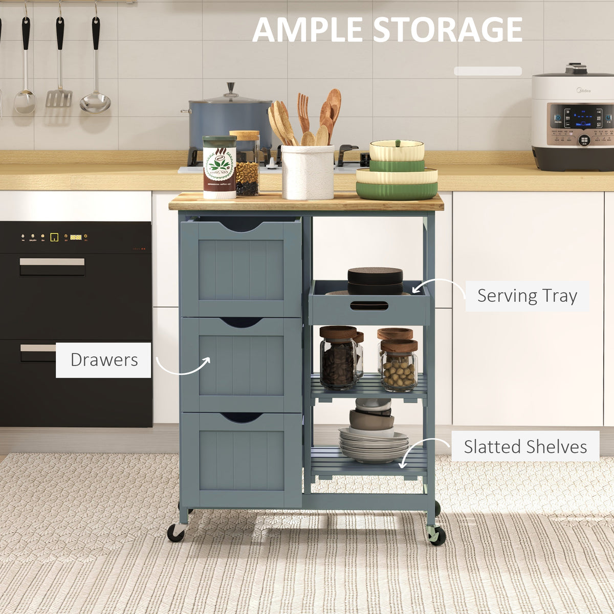 Kitchen Cart on Wheels, Rolling Kitchen Island Cart with Wood Top – view 10