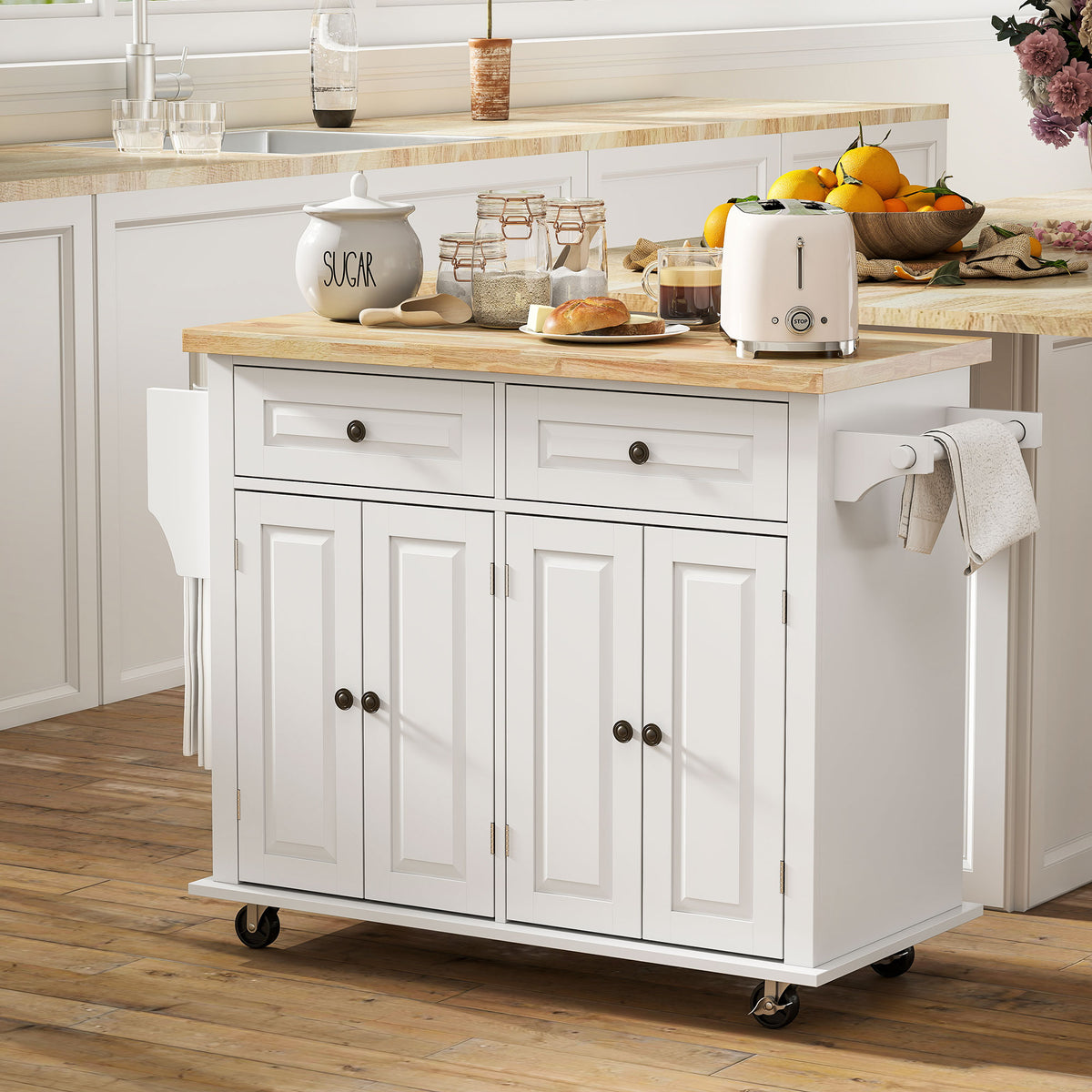 Kitchen Island with Storage, Rolling Trolley Cart with Rubber Wood Top, Spice Rack, Towel Rack, Brown Oak – view 42