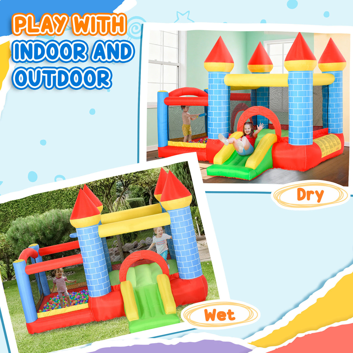 Qaba 9.2 x 9.5FT Bounce House, 4 in 1 Inflatable Bouncy Castle for Kids With Trampoline, Slide, Water Pool, Basket, Blower