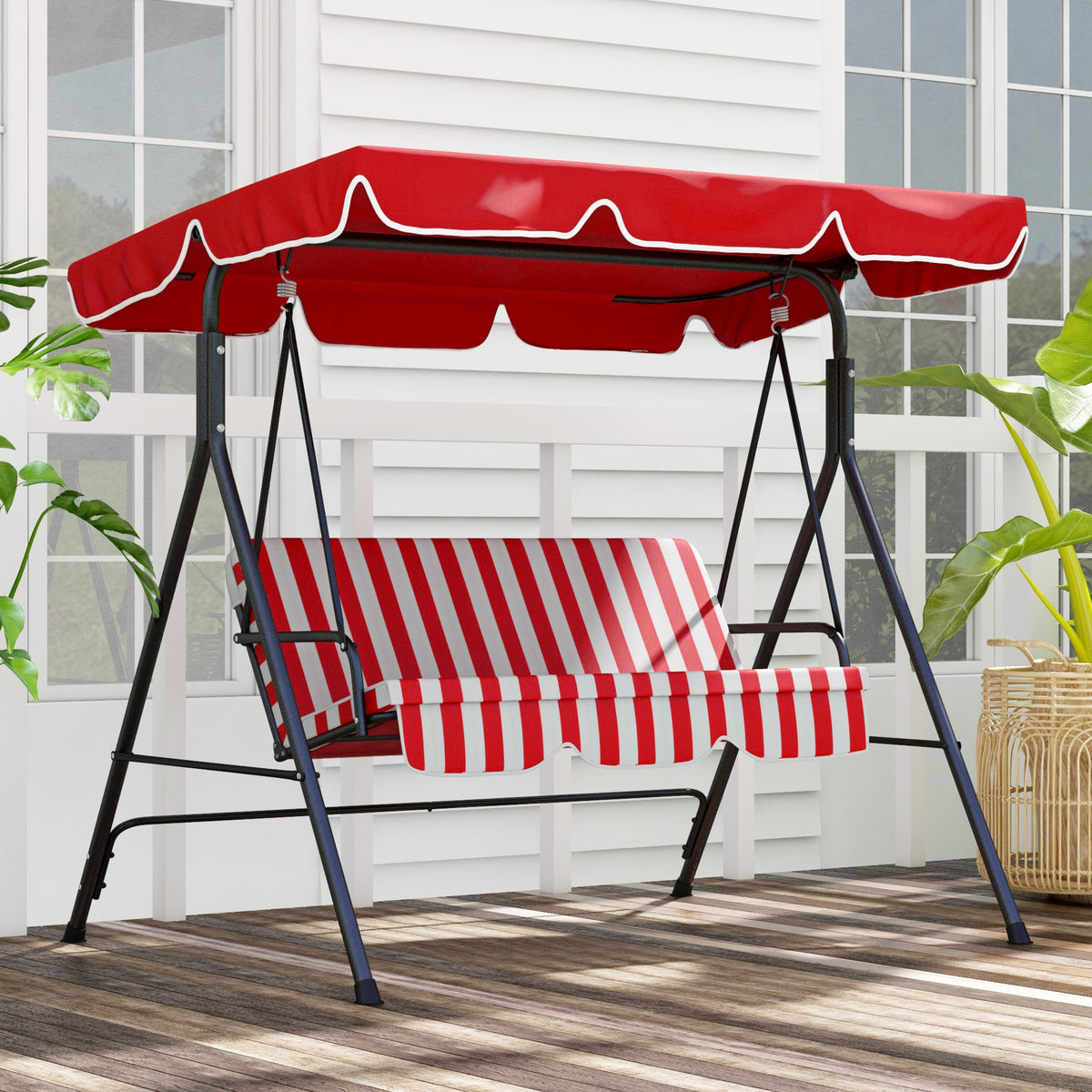 3-Seater Outdoor Porch Swing with Adjustable Canopy, Patio Swing Chair for Garden, Poolside, Backyard, Green and White