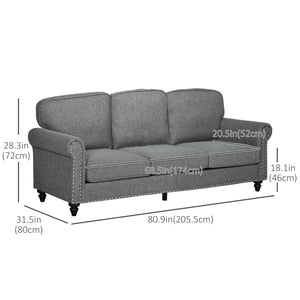 3-Seater Sofa Couch, 81" Modern Upholstered Linen Fabric Sofa with Rubberwood Legs, Nailhead Trim and Rolled Arms for Living Room, Bedroom and Apartment, Grey