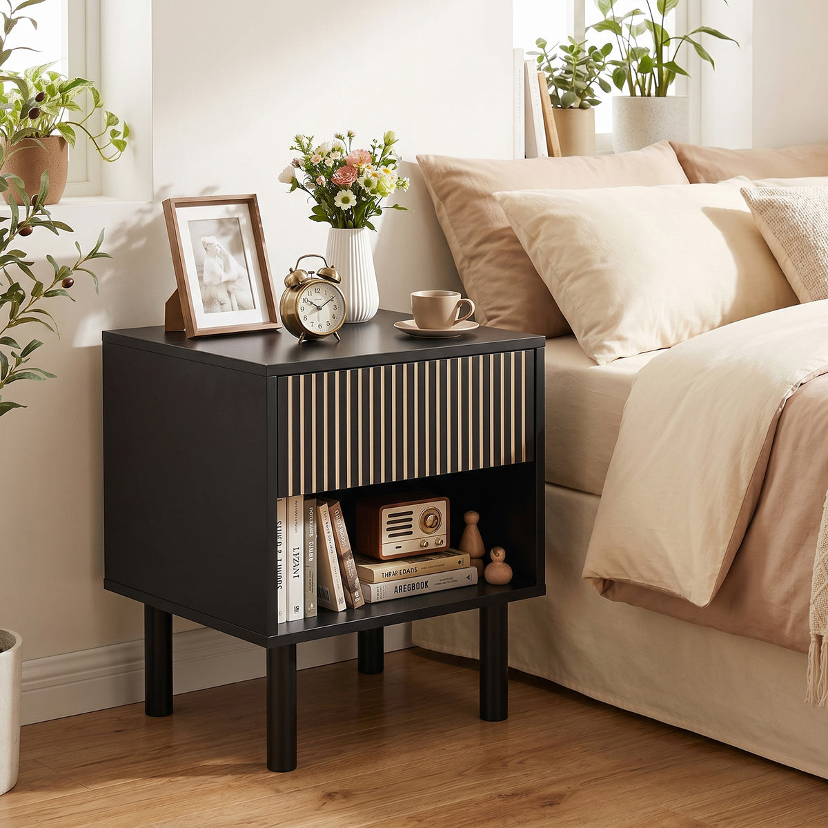 Modern Bedside Table with Drawer and Open Shelf, Sofa Side Table for Bedroom Living Room, Black