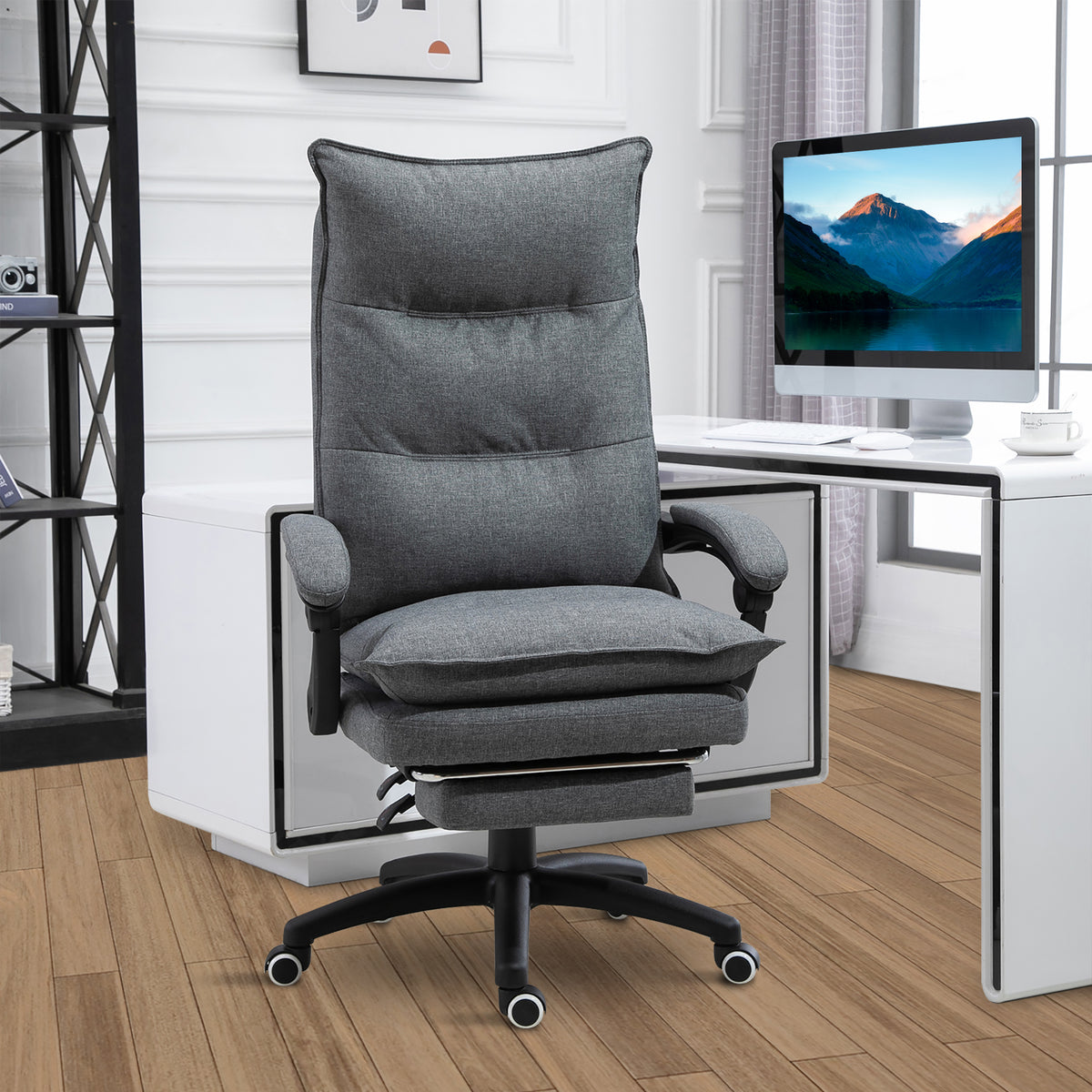 Office Chair 360° Swivel Adjustable Height Linen Style Fabric Recliner with Retractable Footrest and Double Padding, Grey