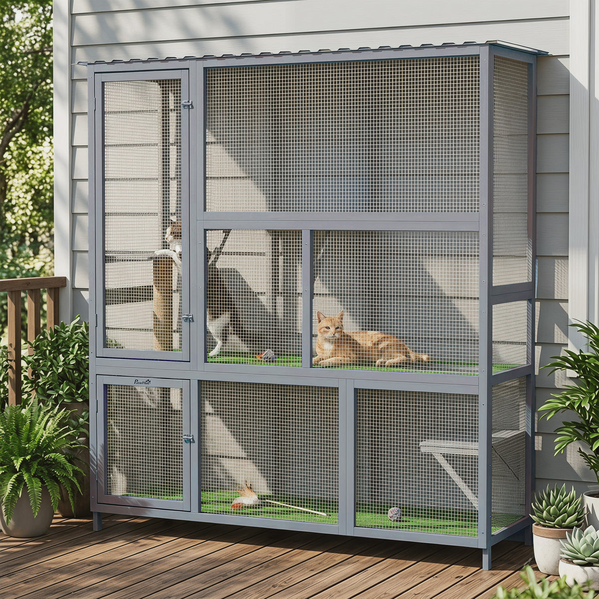 Catio Outdoor Cat Enclosure, 77" H Wooden Cat House with Weatherproof Roof, Platforms and Scratching Post