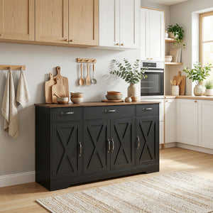 Sideboard Buffet Cabinet, 55" Farmhouse Kitchen Cabinet with 4 Barn Doors, 3 Drawers, 3 Adjustable Shelves – view 7