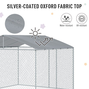 Dog Kennel Outdoor Run Fence with Roof, Steel Lock, Mesh Sidewalls for Backyard & Patio, 9.8' x 9.8' x 7.7'