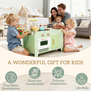 Qaba Kids Kitchen Playset with 15 Accessories, Microwave Oven, Cabinets, for Boys and Girls Ages 3+, Green