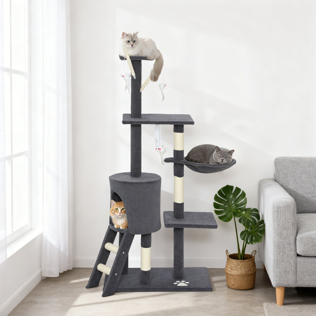 53" Cat Tree Tower, Kitten Activity Centre with Scratching Posts, Condo, Perches, Ladder, Hammock – view 21