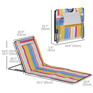 Set of 2 Beach Lounge Chair Sun Lounger, Folding Ground Beach Mat w/ Adjustable Back, Steel Frame, Head Pillow and Carry Bag for Backyard Lakeside, Red and White