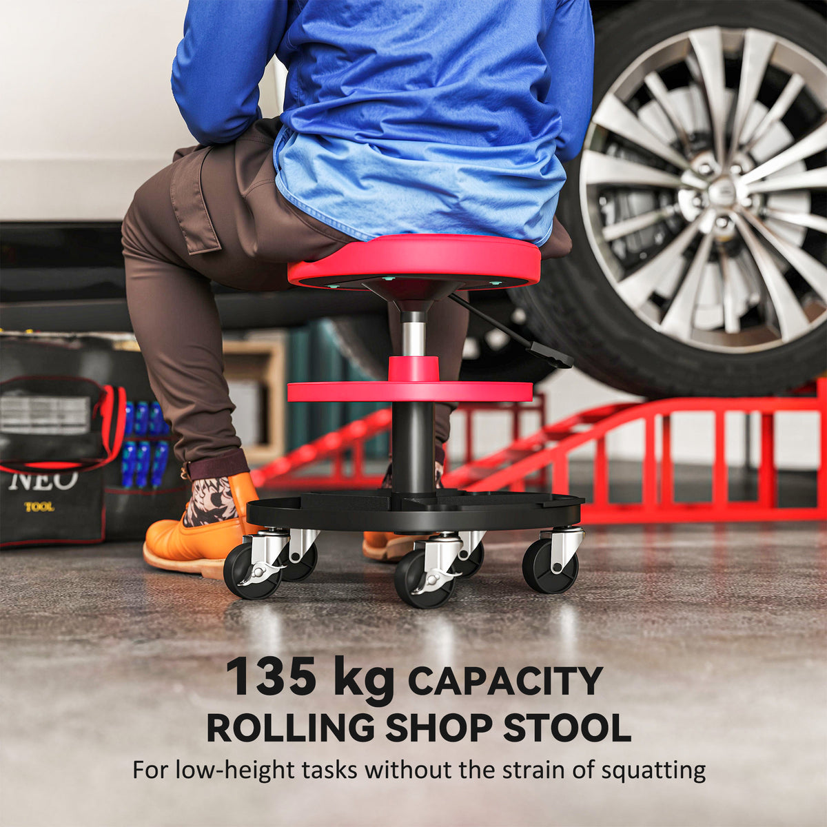 Rolling Garage Stool, 300 LBS Capacity Mechanic Stool with 2.5" Wheels, Tool Trays Storage – view 3