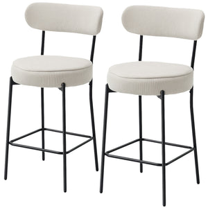 Set of 2 Barstools, Upholstered Corduroy Bar Stools with Backrest, Footrest for Kitchen Island, Dining Room, Cream White