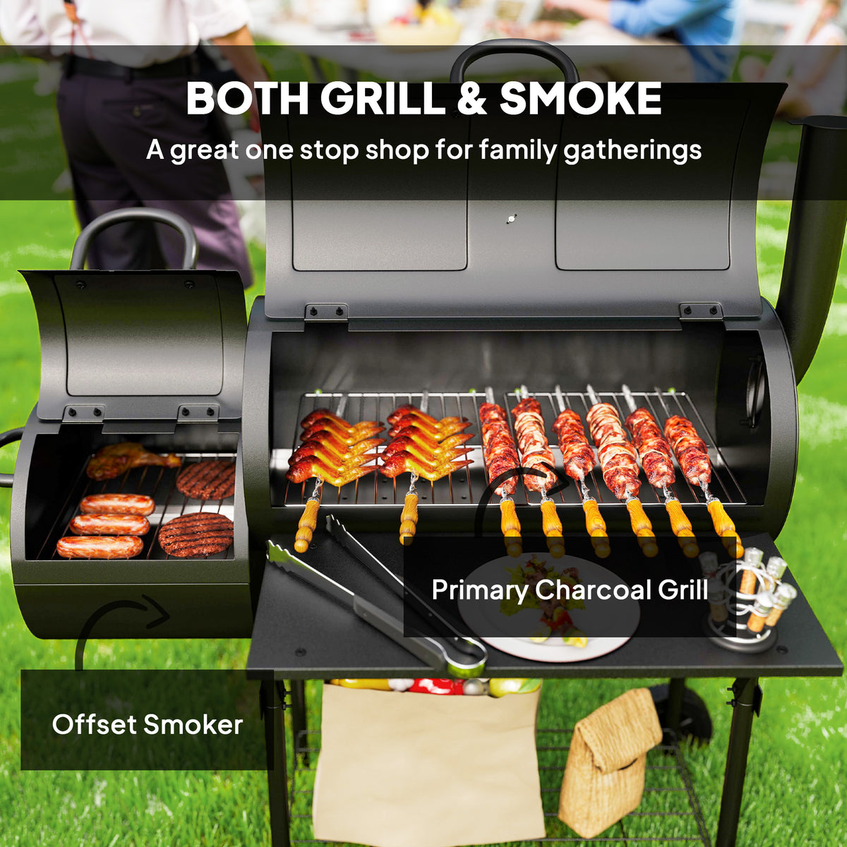 Portable Outdoor Charcoal BBQ Grill with Offset Smoker, Barbecue Grill with Spacious Cooking Area, 2 Shelves, Thermometer, Wheels for Patio Backyard Party, Black