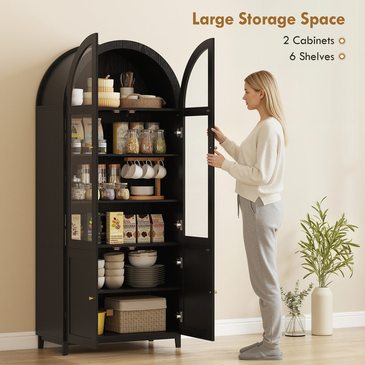Arched Kitchen Pantry Cabinet, 71" Tall Farmhouse Kitchen Storage Cabinet with Acrylic Glass Doors, Oak – view 11