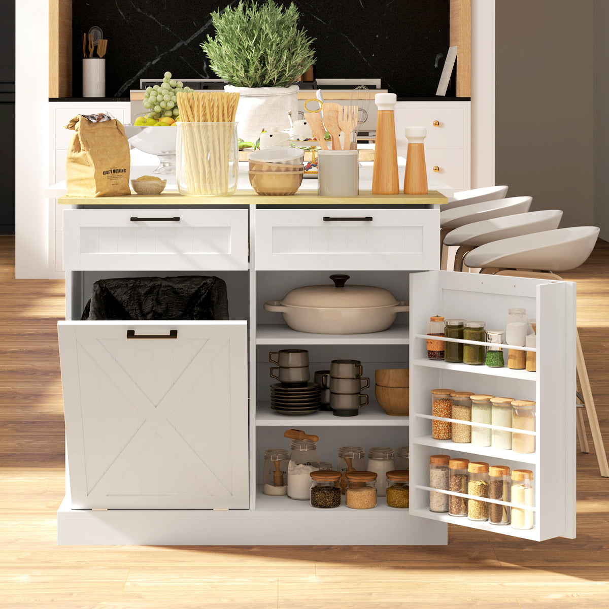 10 Gallon Hidden Garbage Bin Cabinet, Tilt Out Trash Cabinet w/ 2 Drawers, Freestanding Kitchen Island – view 14