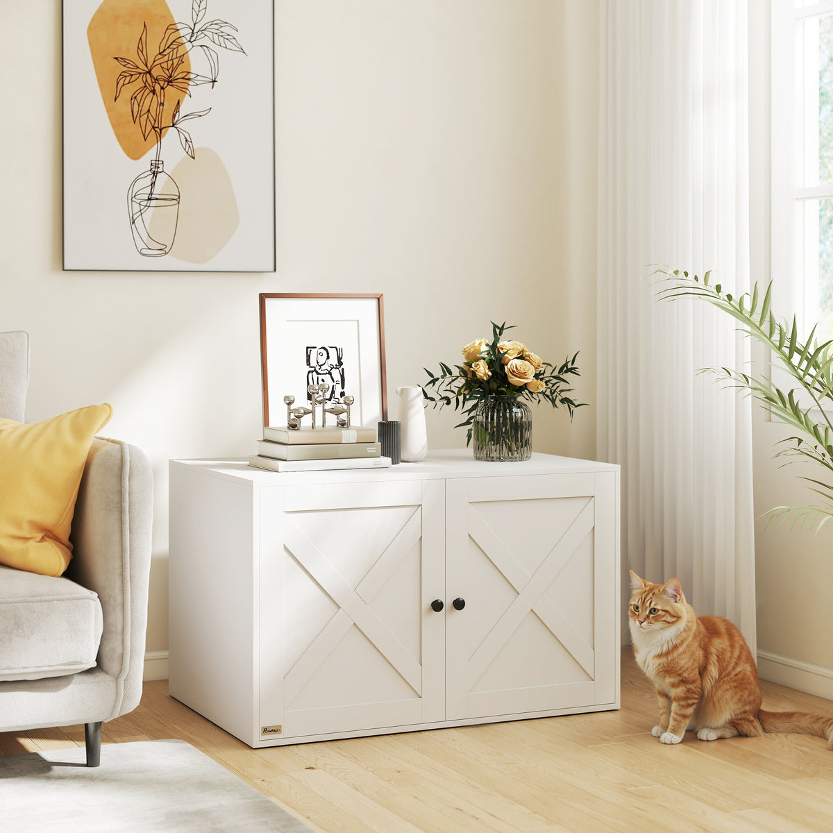 Cat Litter Box Enclosure with Double Doors, Handles, Fit Most of Cat and Litter Box, 31.5" x 21" x 20", White
